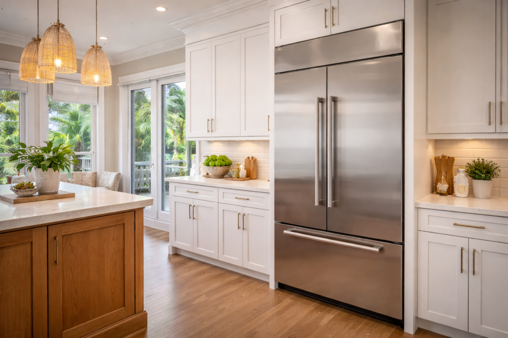 Built-in refrigerator installed flush with cabinetry in a Lakewood Ranch Florida home