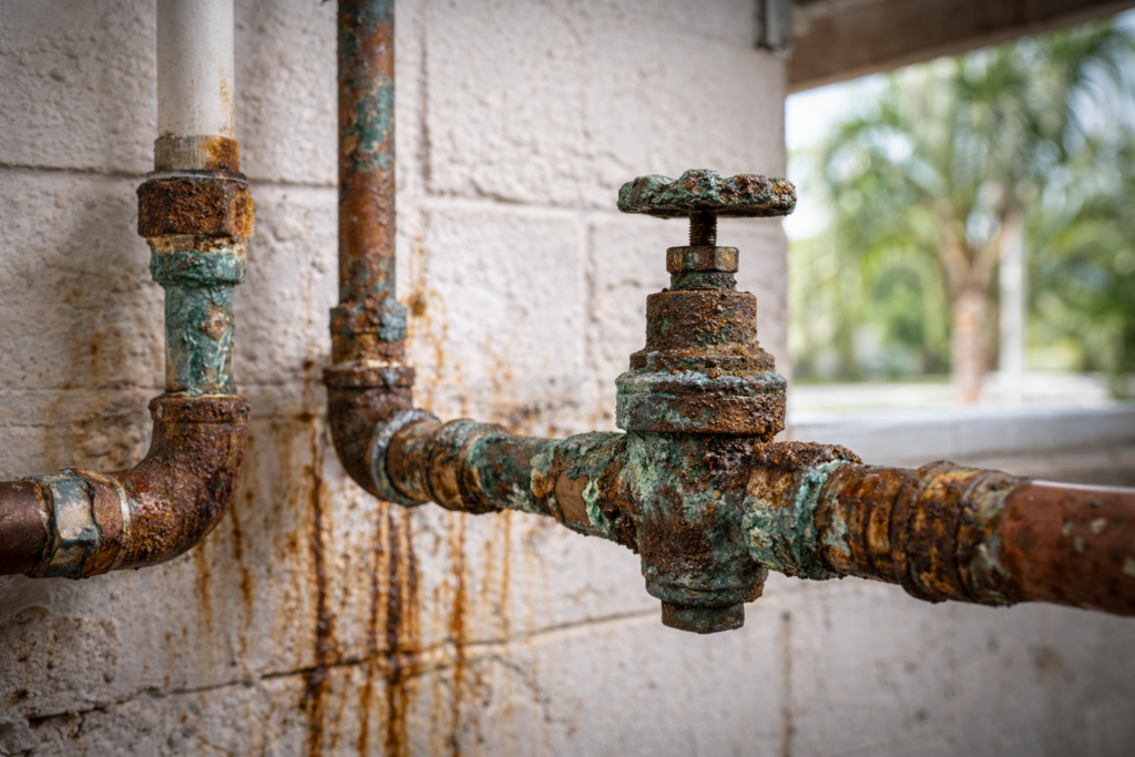 Corroded coastal home plumbing system showing damage from salt air exposure in Florida