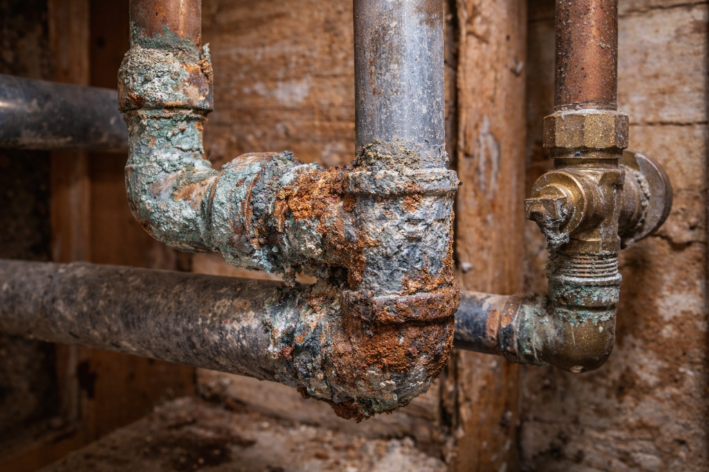 Corroded residential plumbing pipes showing age-related damage in a Parrish Florida home