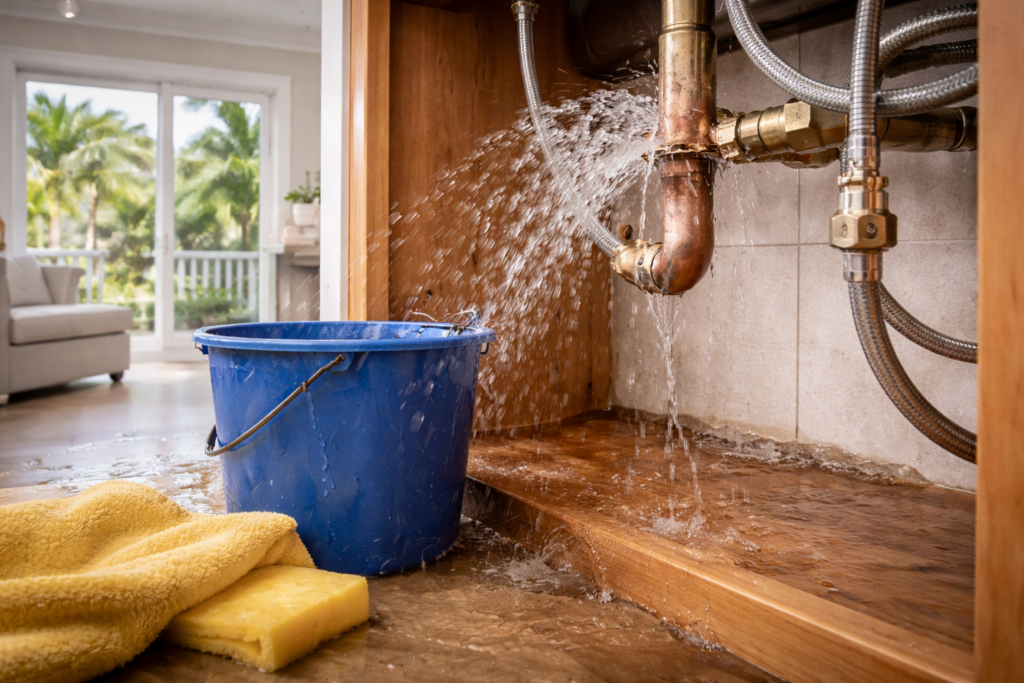 Water leaking from a broken pipe during a plumbing emergency in a Venice Florida home