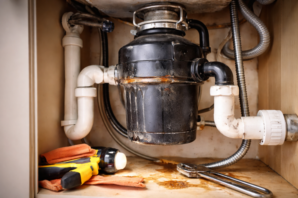 Garbage disposal unit under a kitchen sink showing signs of wear in a Florida home