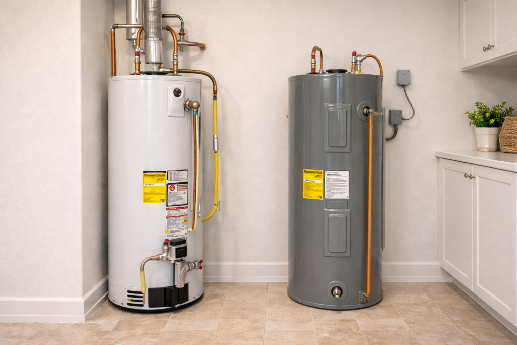 Gas and electric water heaters installed side by side in a Florida home utility room