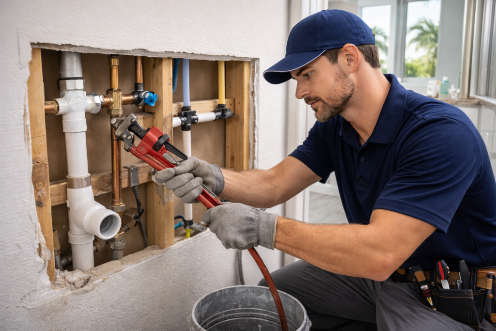 Licensed plumber repairing plumbing in a Lakewood Ranch Florida home