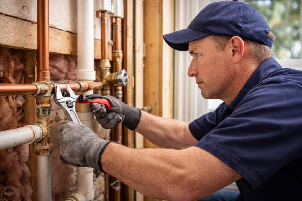 Licensed plumber working on residential plumbing system in a Bradenton Florida home