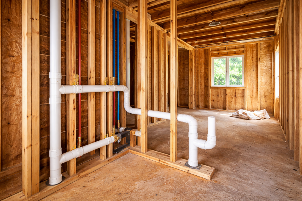 Newly installed plumbing pipes during the rough-in stage of a Florida home under construction