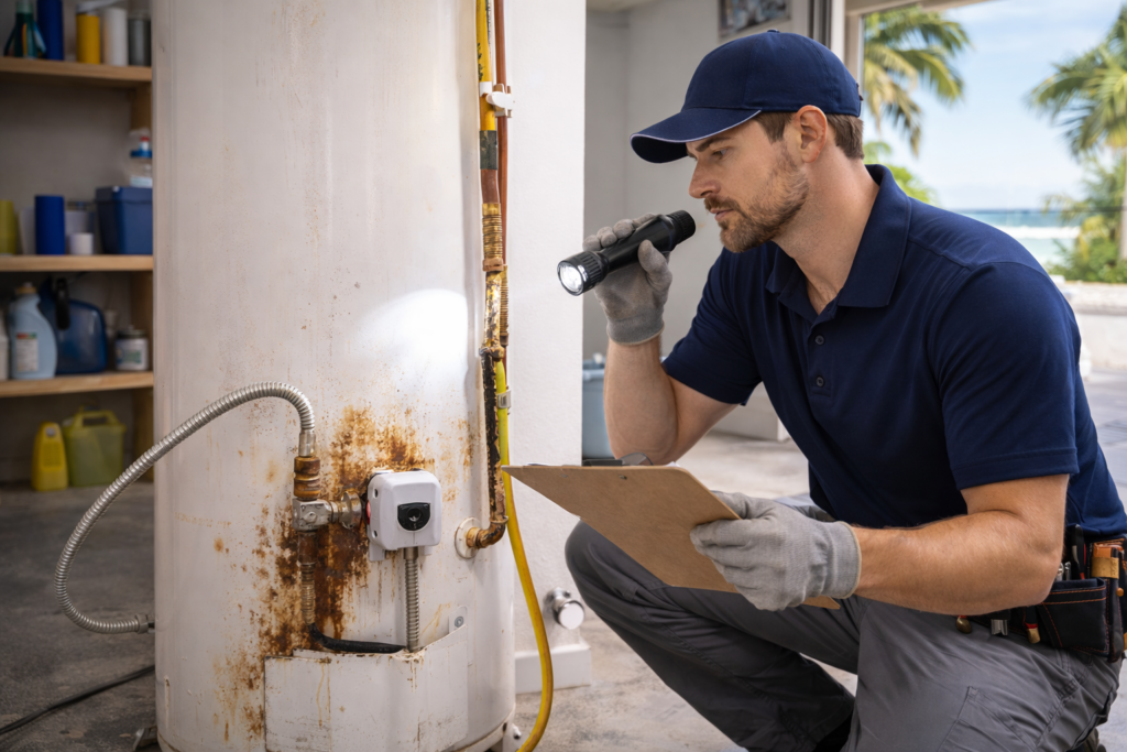 Licensed plumber inspecting an aging water heater in a Venice Florida home