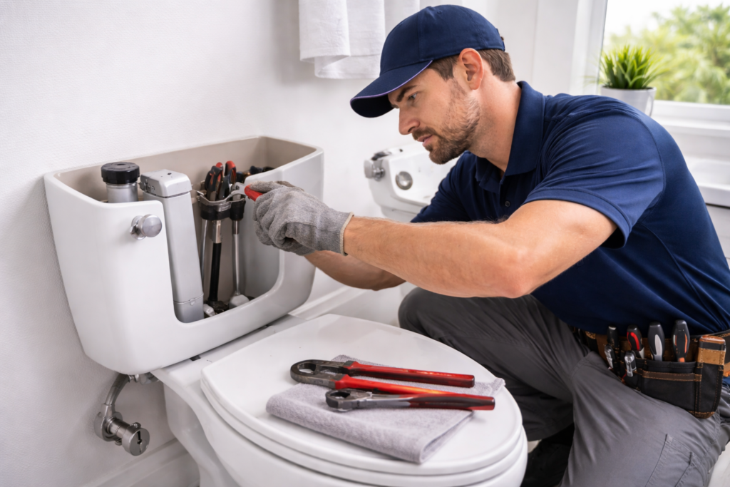 Plumber performing toilet repair in Sarasota Florida bathroom