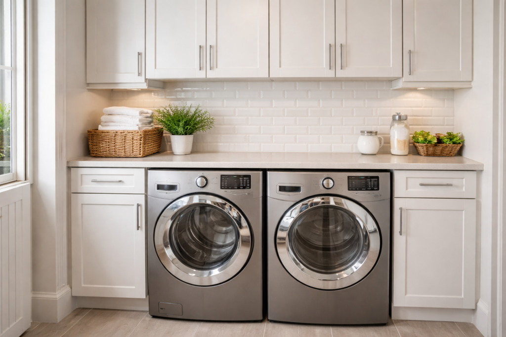 Properly installed washer and dryer in a Sarasota Florida laundry room