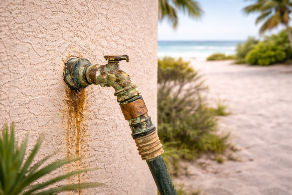 Corroded outdoor plumbing faucet showing salt air damage at a Longboat Key Florida coastal home