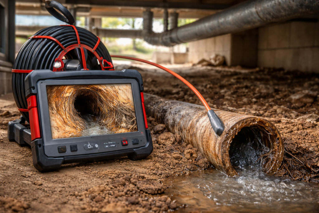 Sewer camera inspection showing damaged sewer pipe beneath a Florida home