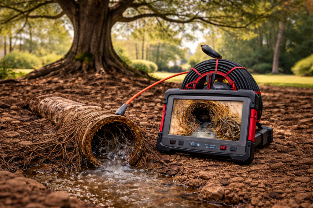Sewer camera inspection showing tree roots inside a damaged sewer pipe beneath a Lakewood Ranch Florida home