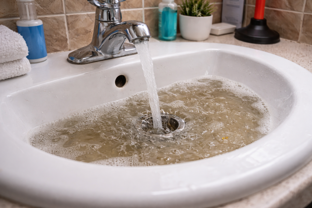 Slow draining sink caused by clogged pipes in a Venice Florida home