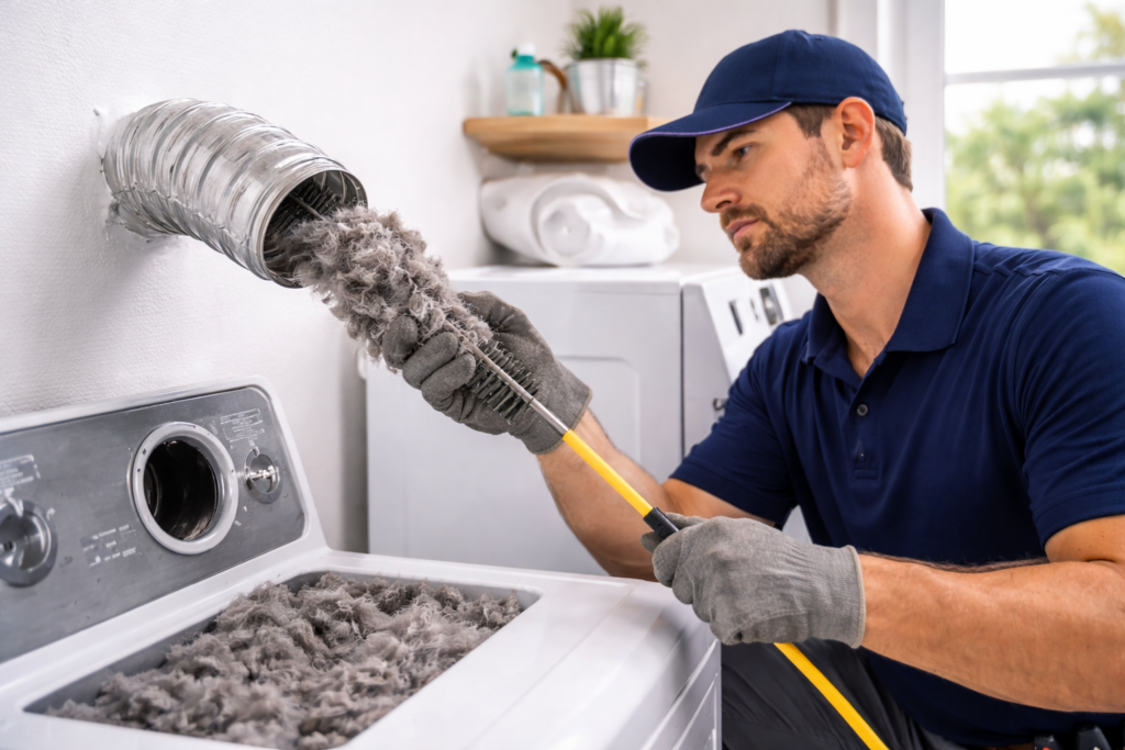 Technician performing dryer vent cleaning in Florida home