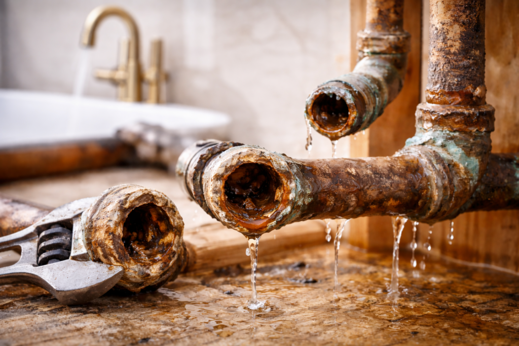 Corroded residential water pipes showing signs of aging inside a Florida home
