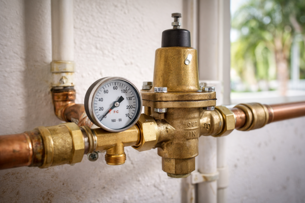 Water pressure regulator installed on a residential plumbing system in a Florida home
