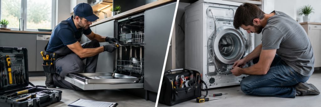 Professional appliance installer repairing dishwasher and washing machine in modern residential home interior