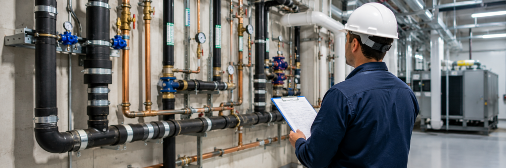 Commercial plumber inspecting industrial plumbing pipes and mechanical systems inside a Florida commercial building