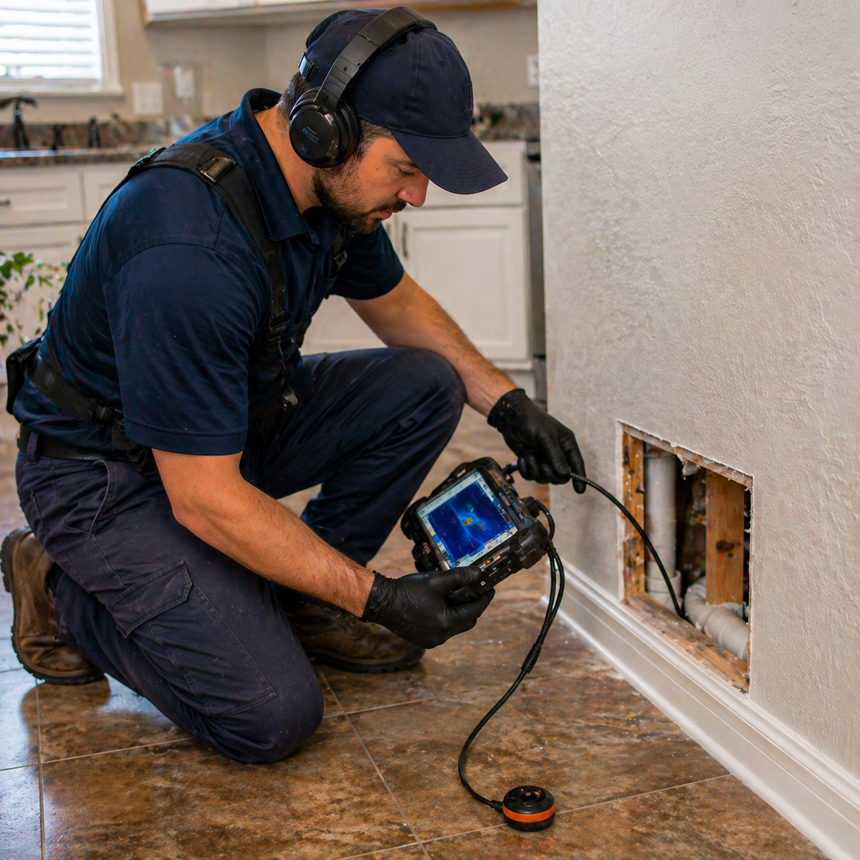 Technician using advanced leak detection equipment to inspect hidden plumbing inside a Venice FL home