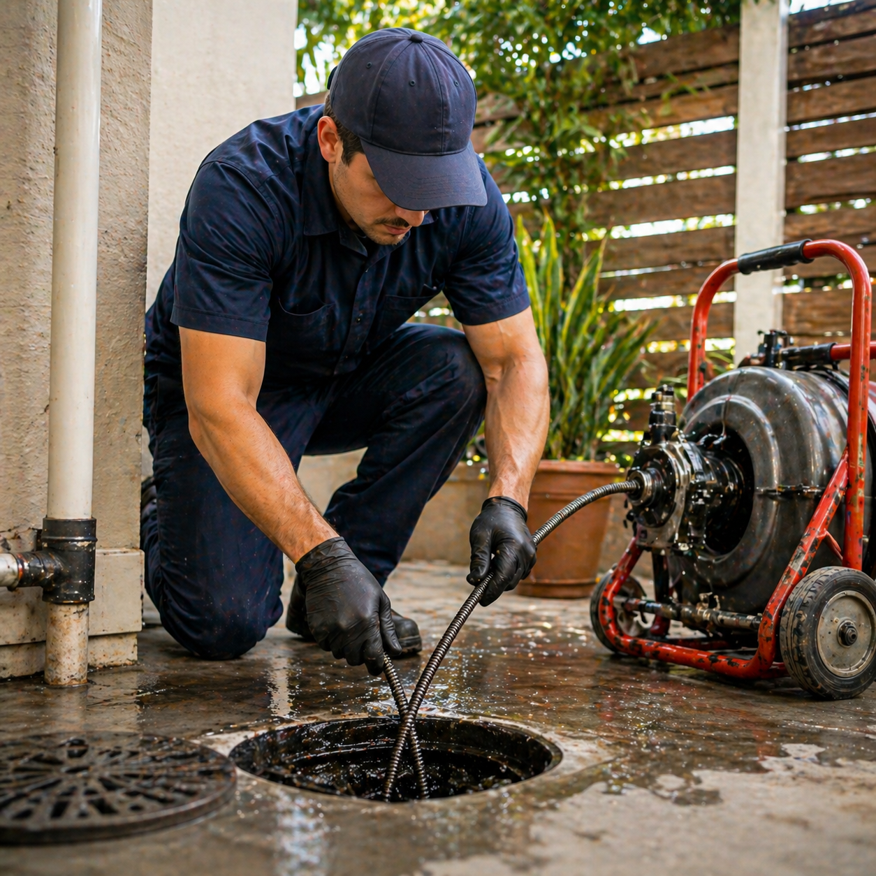 Technician clearing a blocked drain with professional drain snake equipment in Venice FL