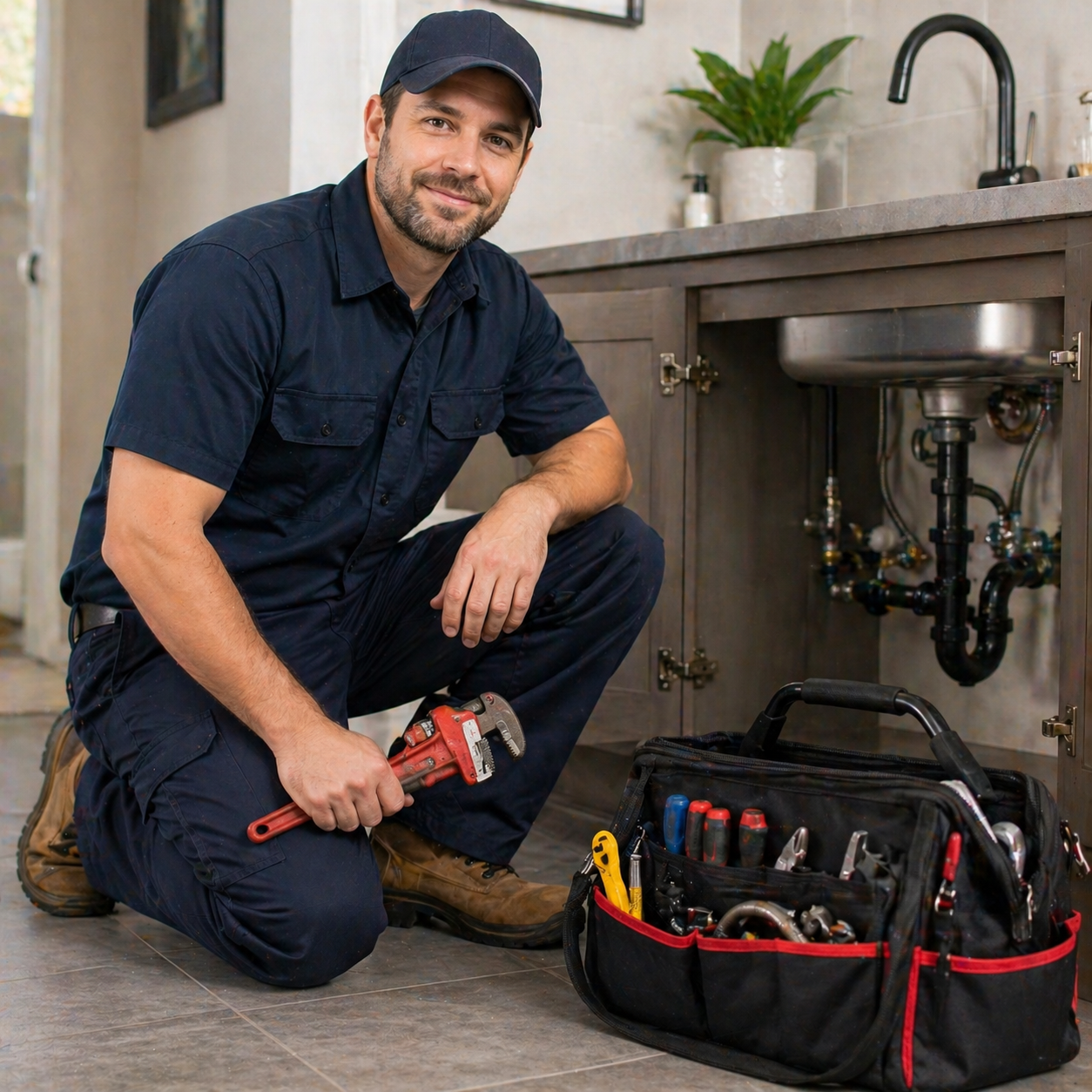 Emergency plumber with tool bag ready for residential plumbing service in Venice FL