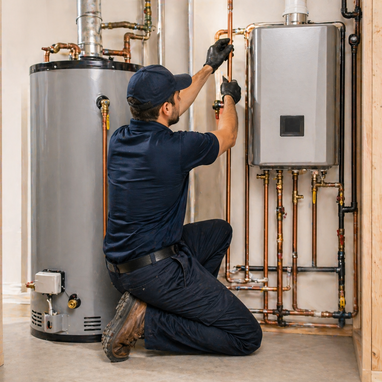 Technician installing tank and tankless water heaters in a Venice FL home utility room