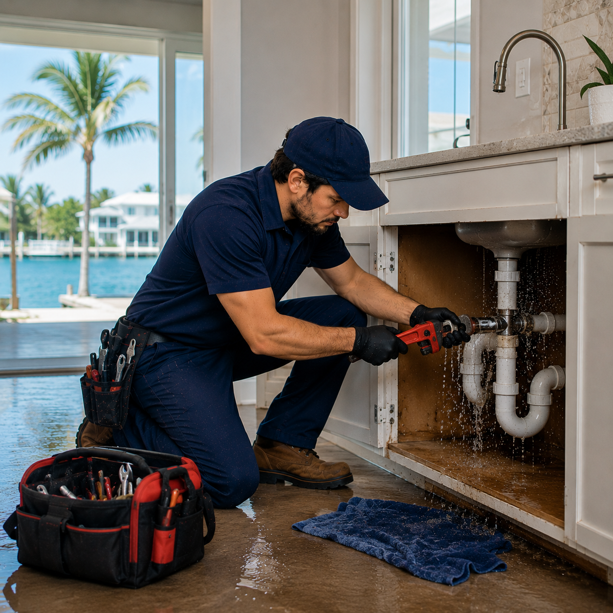 Emergency plumber repairing a leaking kitchen pipe in a coastal Longboat Key FL home