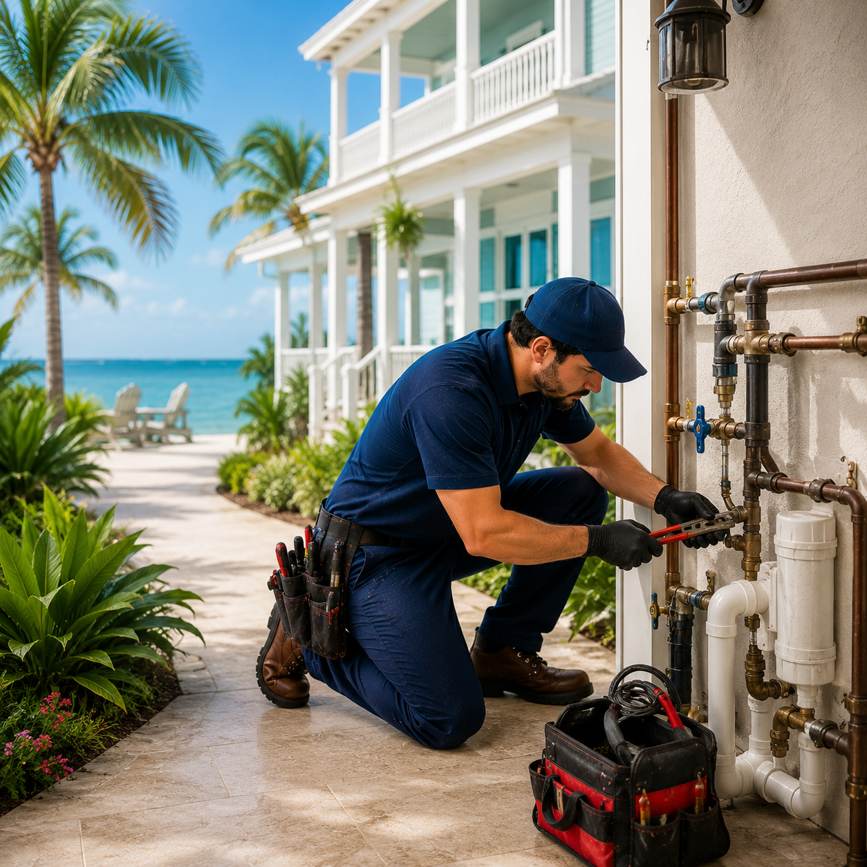 Plumber servicing coastal home plumbing system on Anna Maria Island FL waterfront property
