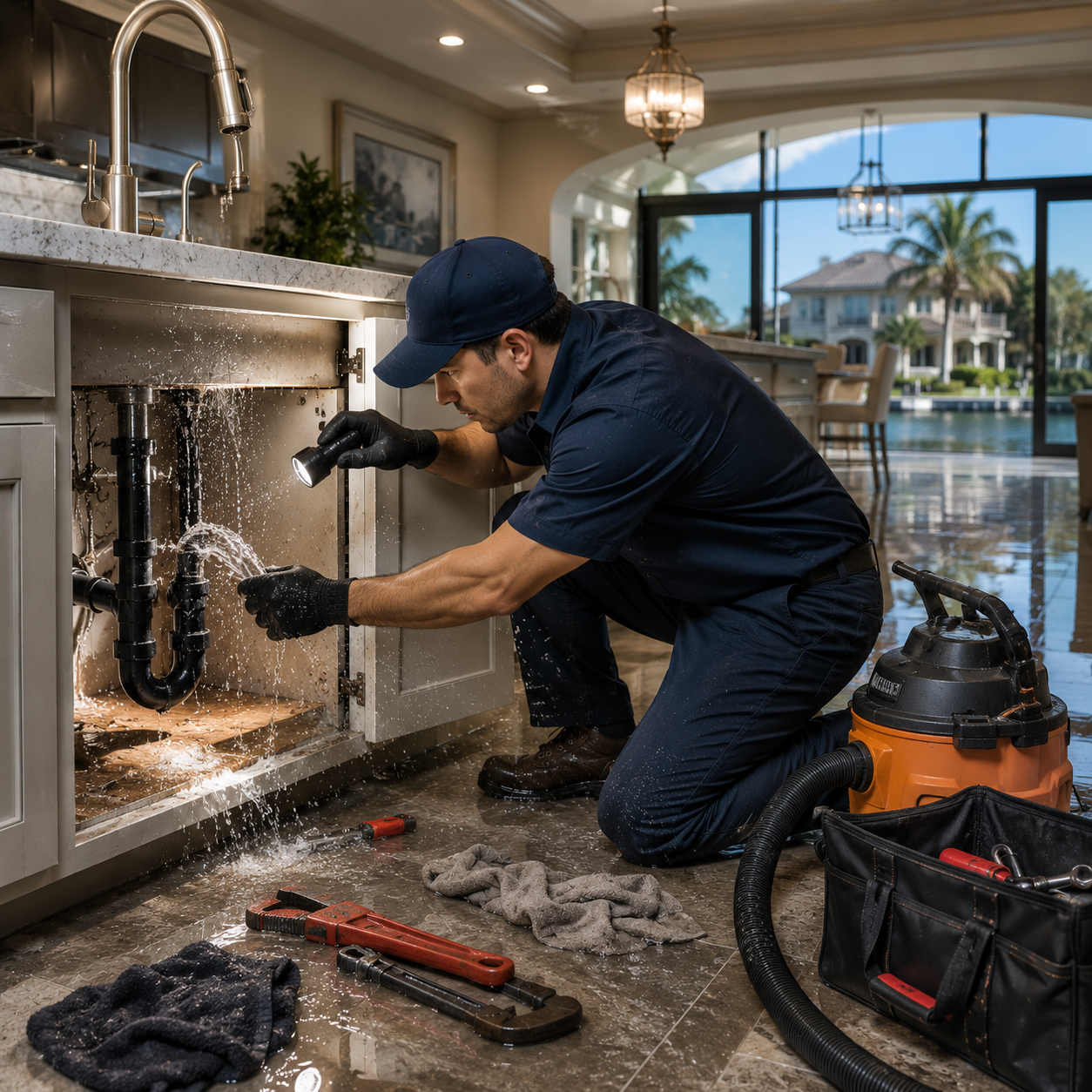 Luxury coastal home plumbing emergency with plumber repairing a major pipe leak in a modern kitchen