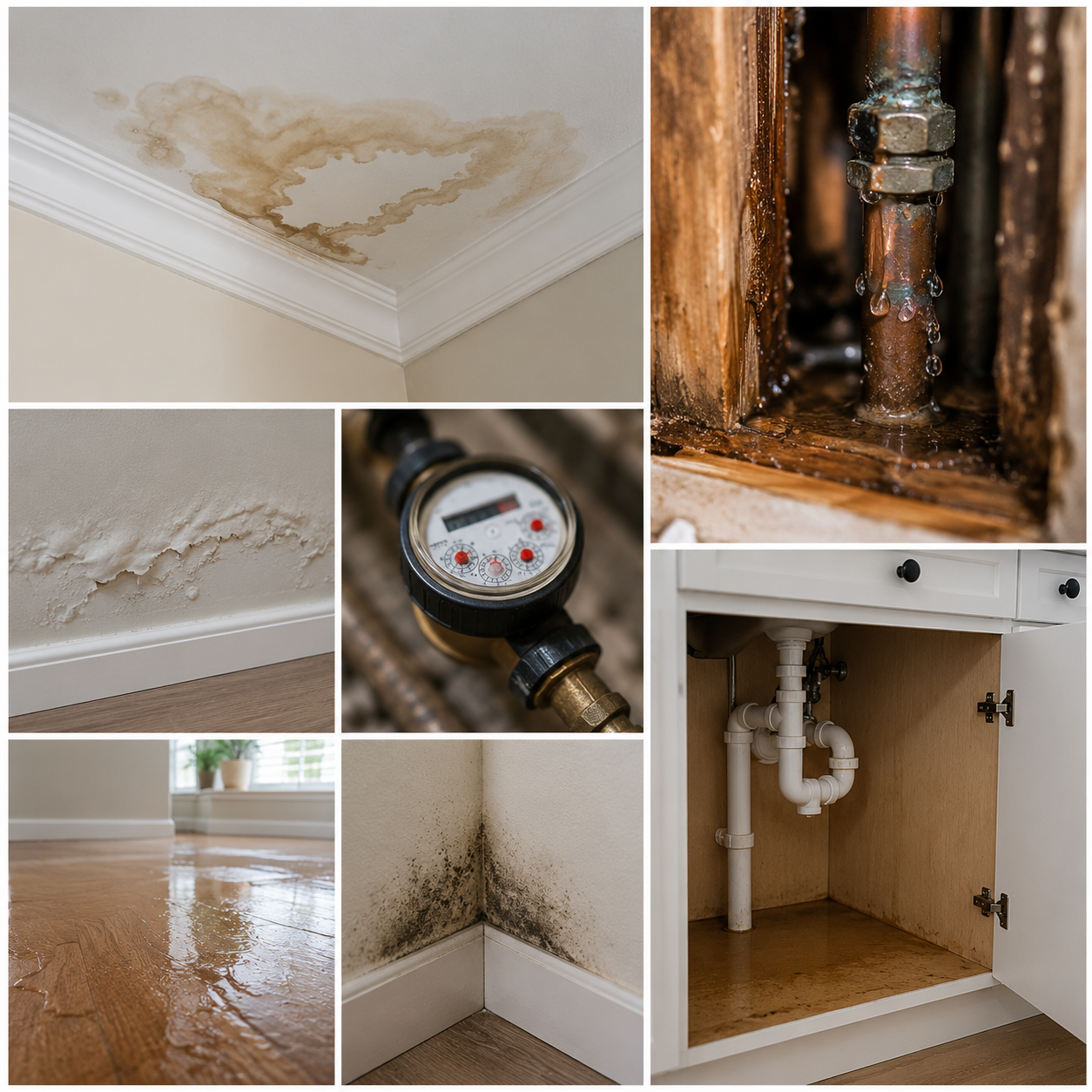 Common signs of hidden plumbing leaks including water stains mold damp walls and leaking pipes