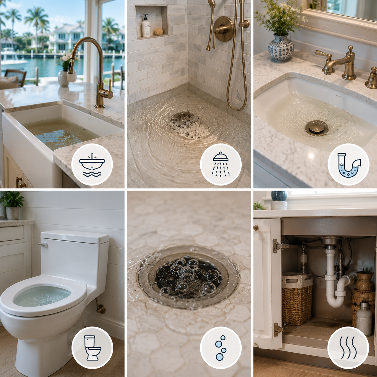 Luxury coastal home plumbing fixtures showing warning signs of clogged drains and slow drainage