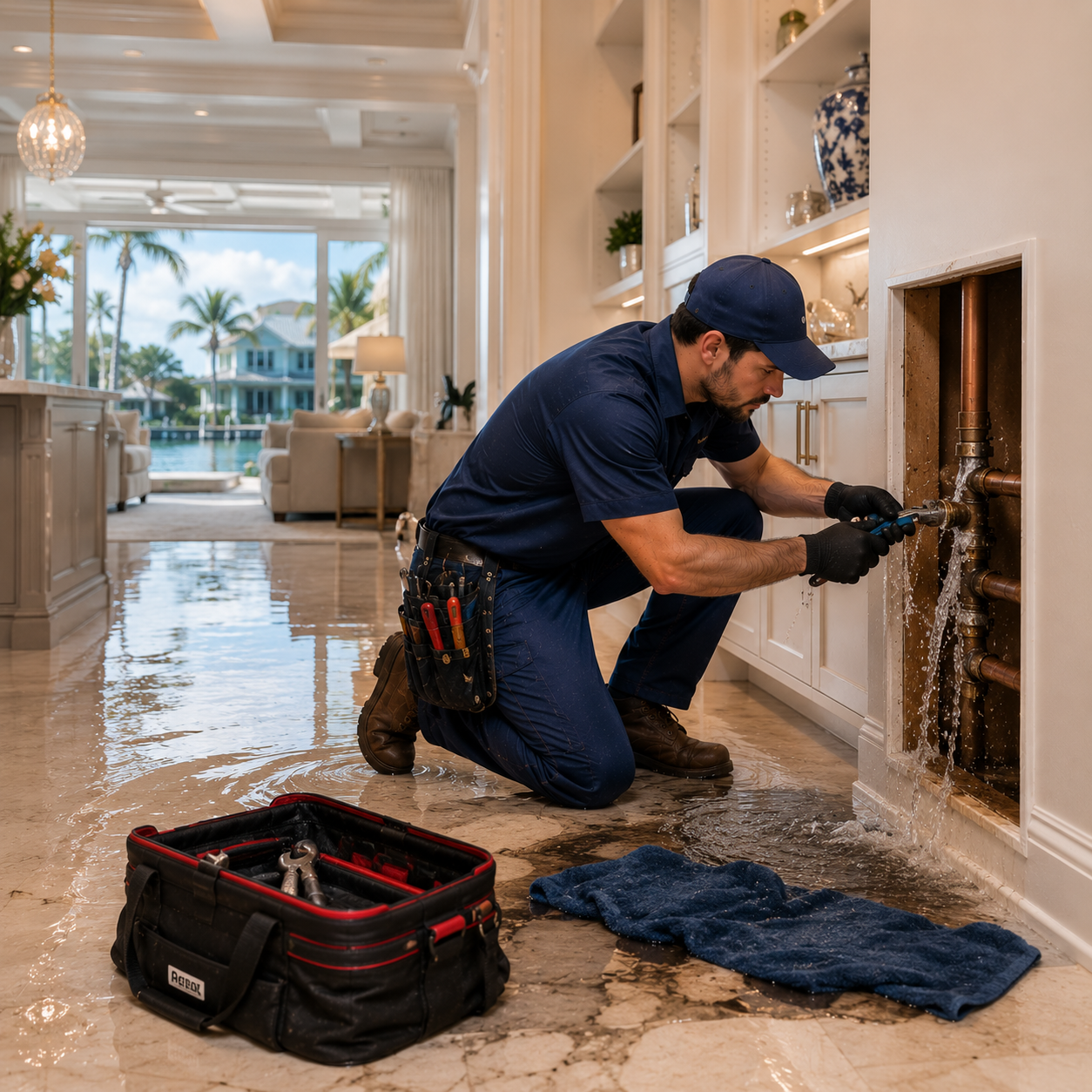 Emergency plumber repairing a burst wall pipe inside a luxury Englewood FL waterfront home