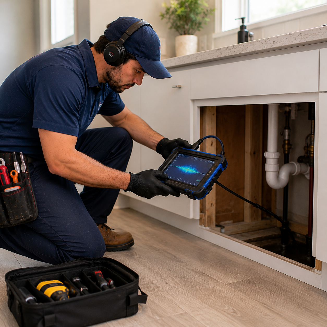Plumber checking hidden plumbing leaks under a cabinet in a Lakewood Ranch FL home