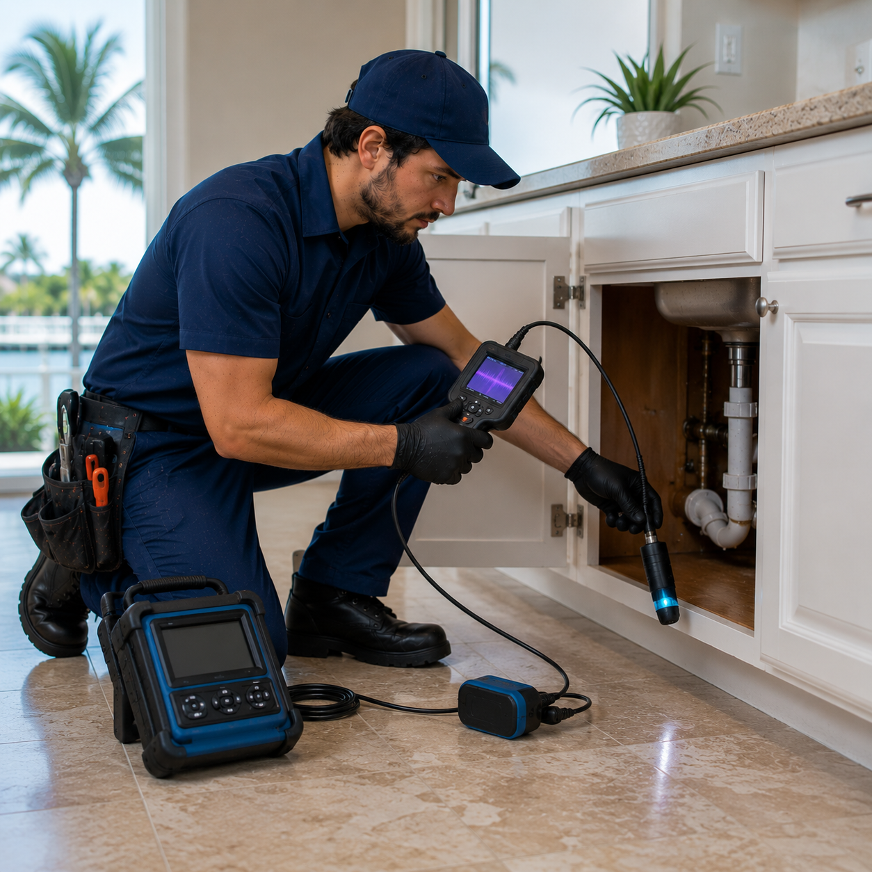 Plumber using advanced leak detection equipment inside a Longboat Key FL waterfront home