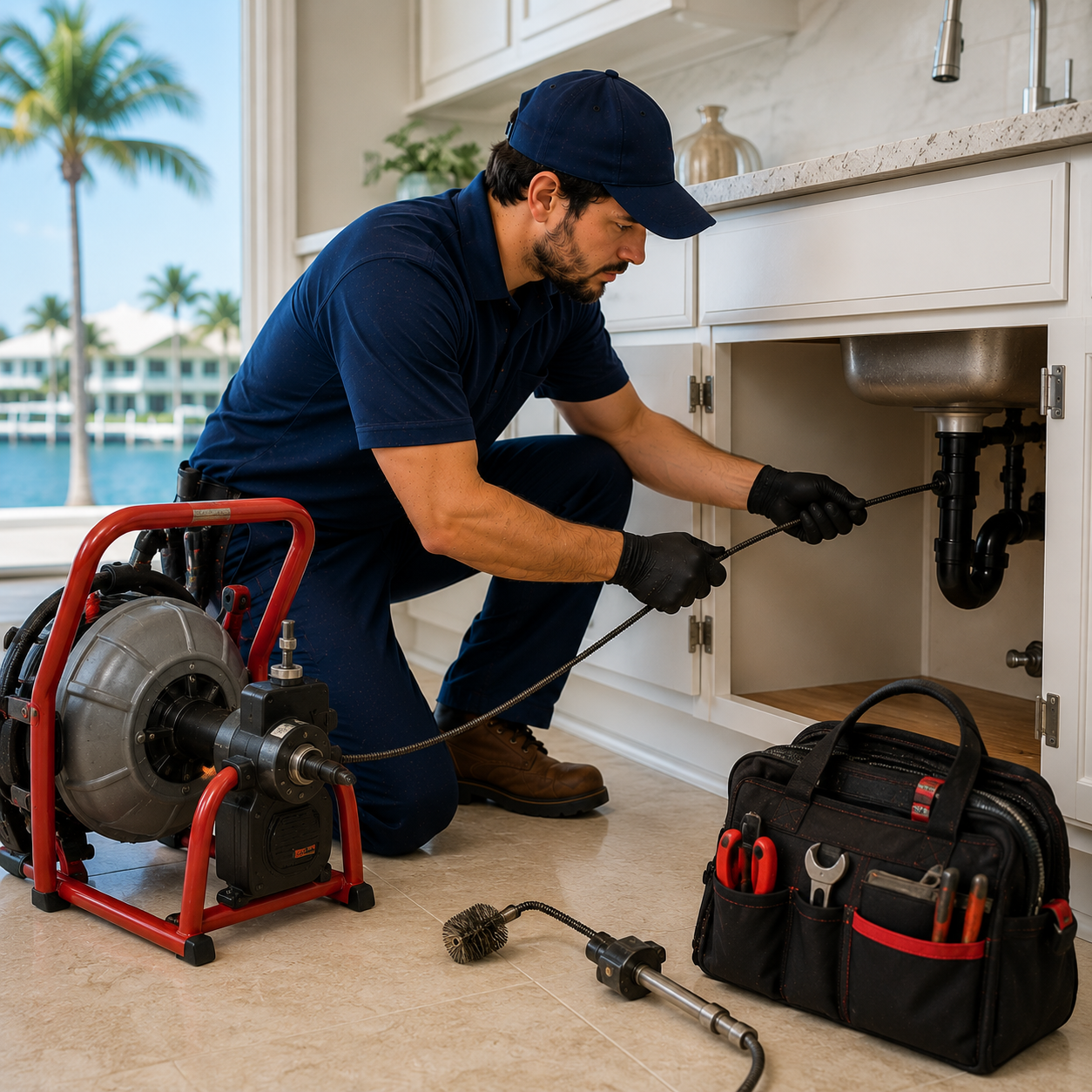 Plumber using professional drain cleaning equipment in a Longboat Key FL home