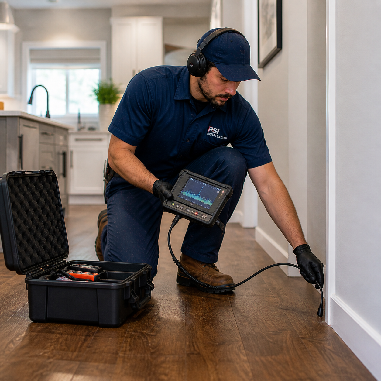 Technician using advanced leak detection equipment inside a Lakewood Ranch FL home