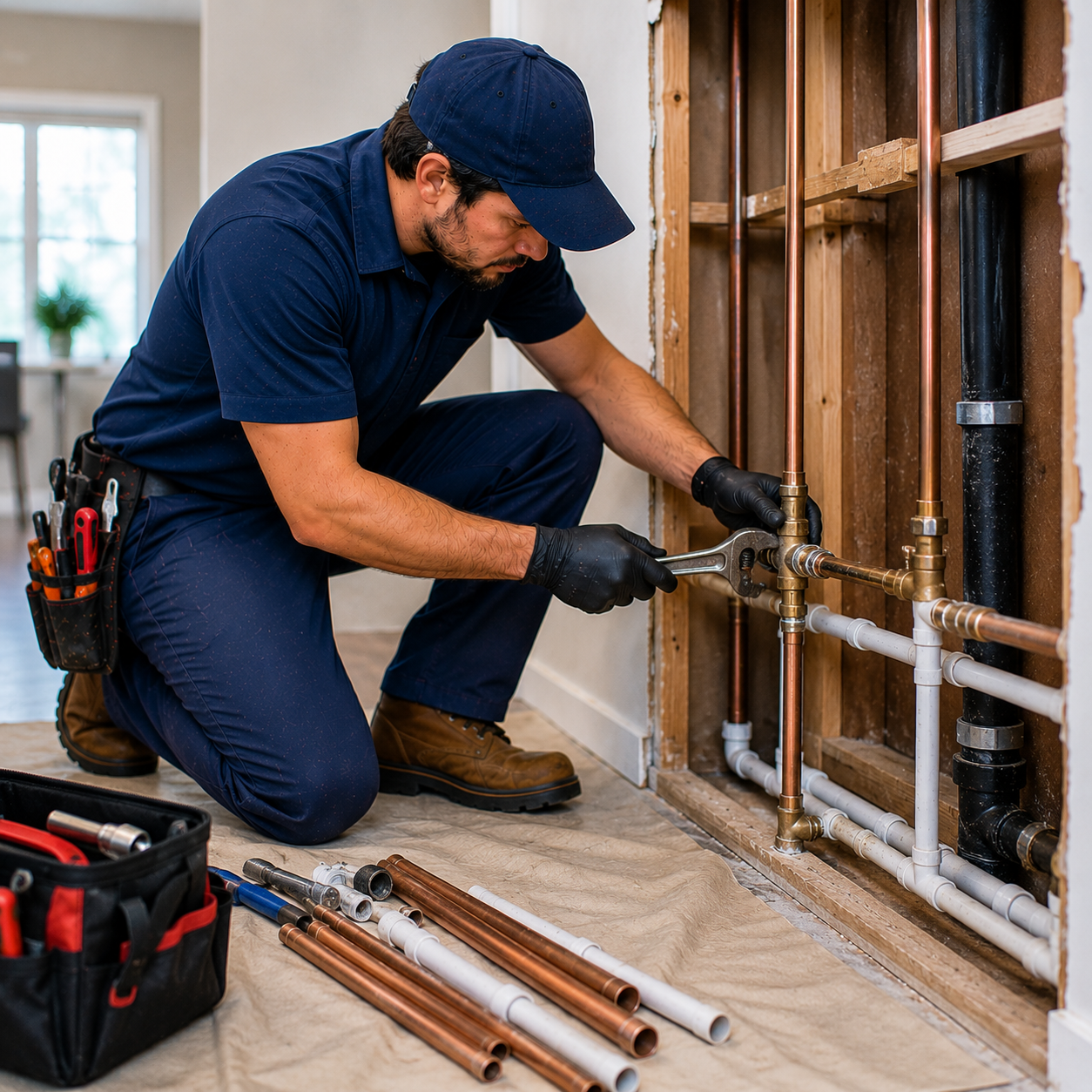 Plumber repairing copper and PVC plumbing lines inside a Lakewood Ranch FL home