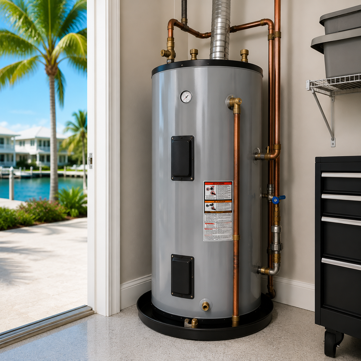 Modern residential water heater installed inside an Anna Maria Island FL coastal home