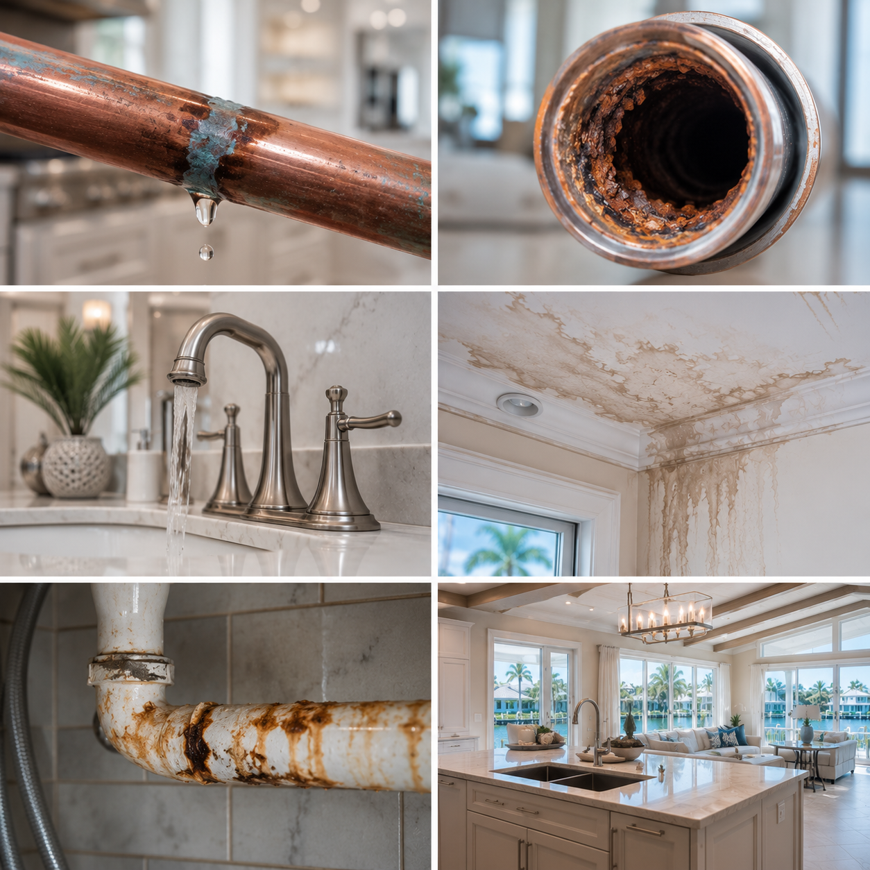 Luxury coastal home plumbing fixtures showing corrosion leaks and warning signs of damaged pipes