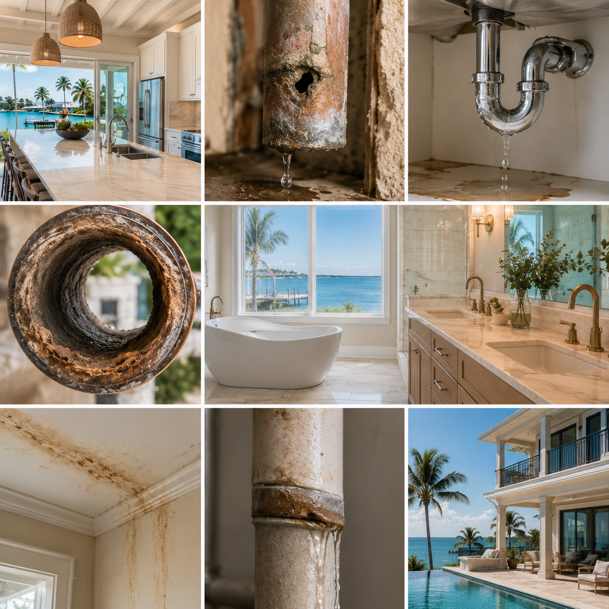 Luxury coastal home showing common signs of pipe damage including leaks corrosion stains and low water pressure