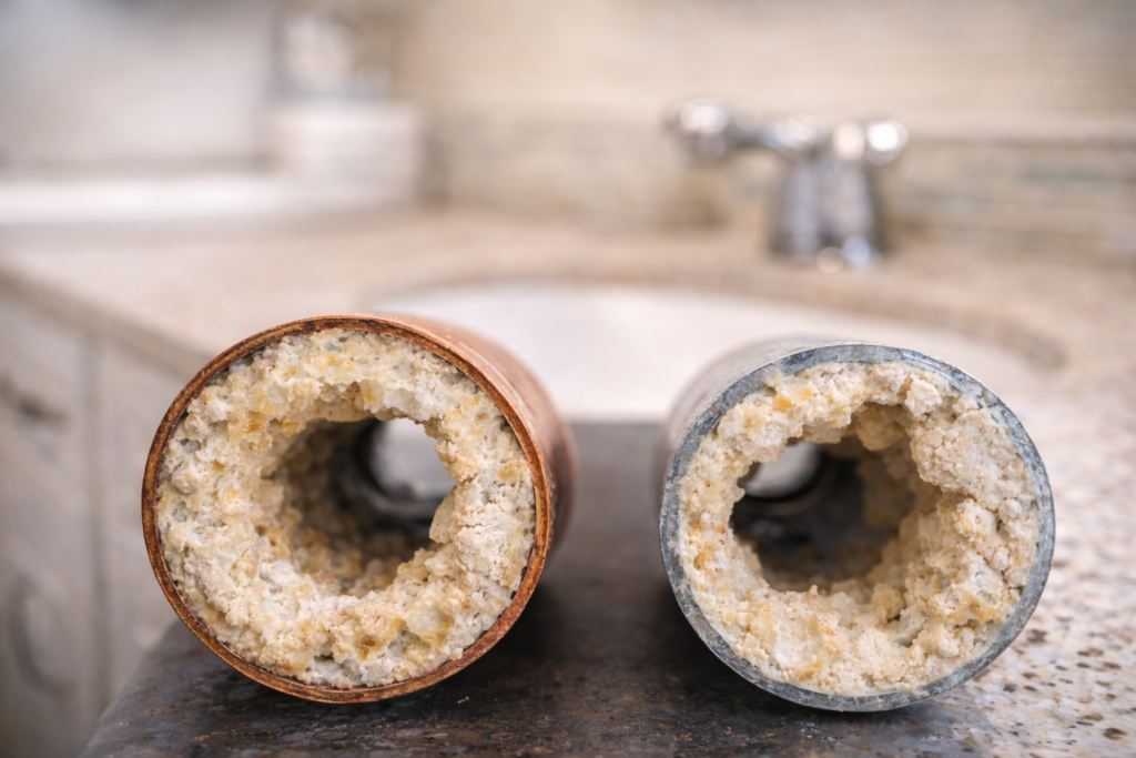 Mineral buildup inside plumbing pipes caused by hard water in a Florida home