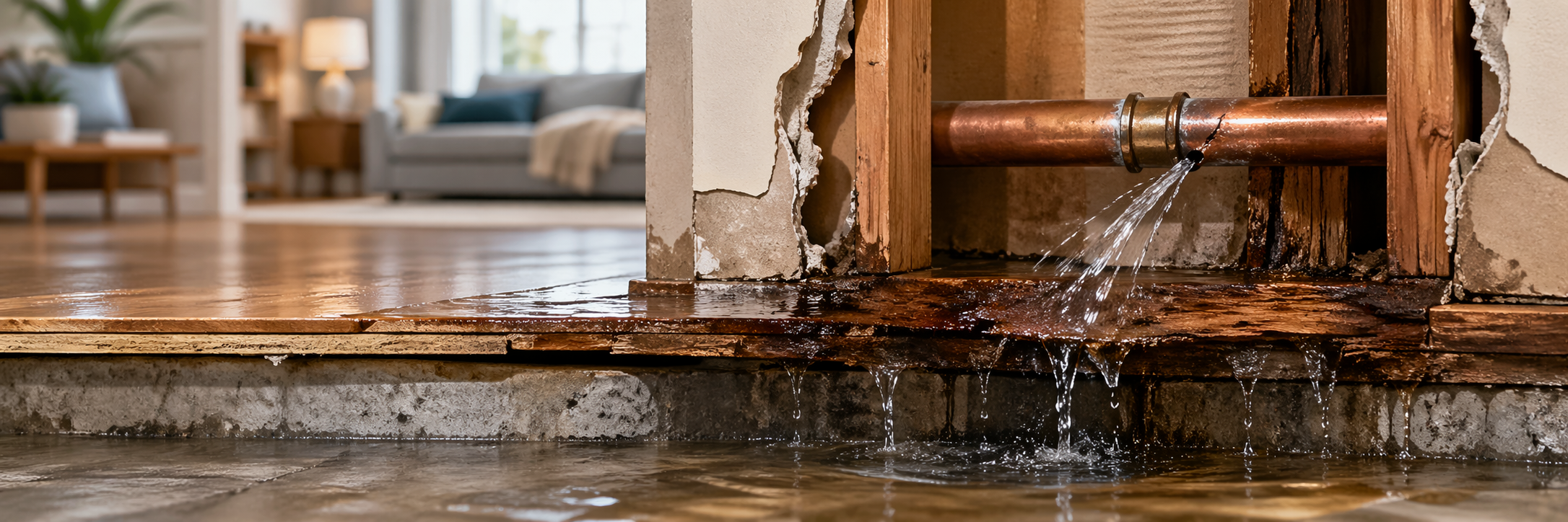 Water leaking from a damaged pipe inside a wall causing floor and structural damage in a home