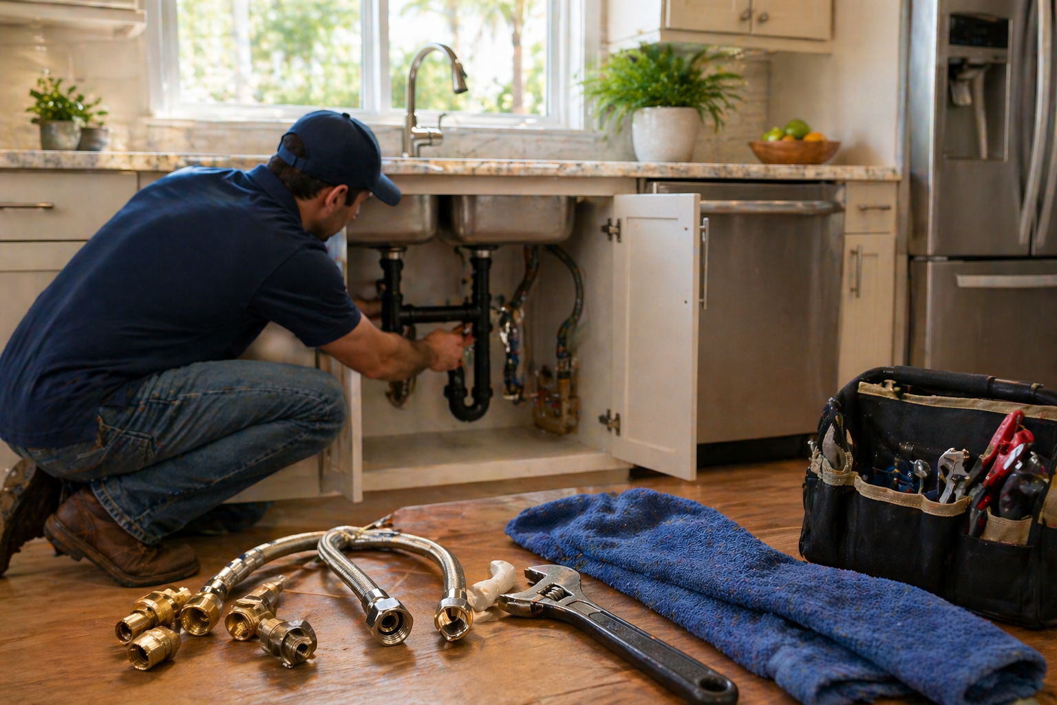 Dirty kitchen sink drain pipe with buildup inside P-trap causing foul odor under cabinet